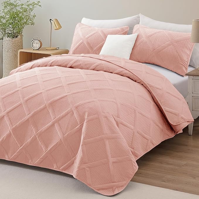 Exclusivo Mezcla Quilts Queen Size - Blush Pink Quilt Set Bedspread with 2 Pillow Shams, Modern Bedding Set with Striped Pattern, Soft Lightweight Bedspreads Queen Size for All Seasons