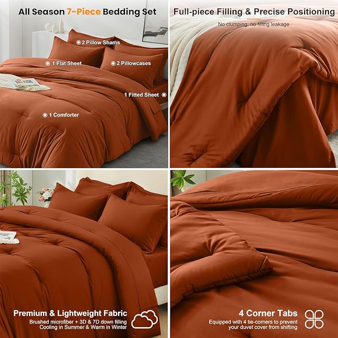 King Size Comforter Set 7 Pieces - Soft Bed in a Bag King Bed Set, Cozy Luxury Bedding Sets with All Season Comforter, Flat Sheet, Fitted Sheet, 2 Pillowcases & 2 Shams, Orange