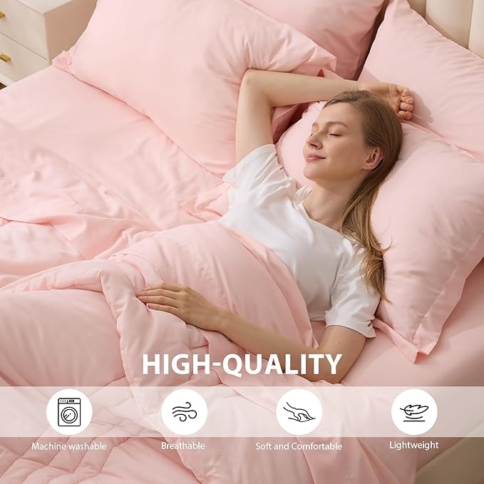 King Comforter Set Pink - Bed in a Bag King Size 7 Pieces, Soft Bedding Set for All Seasons, Premium King Comforter Set with Comforter, Sheets, Pillowcases & Shams