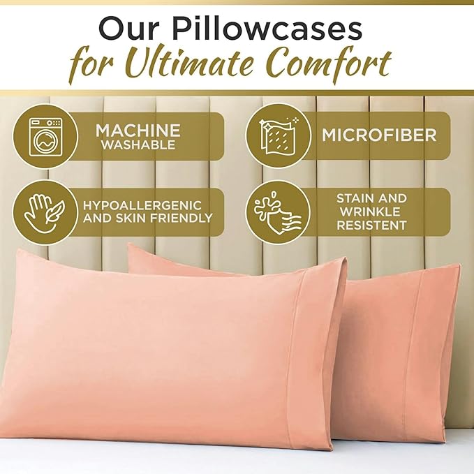 Twin XL 100% Microfiber Double Brushed Sheet Set - Extra-Soft & Wrinkle-Free - 15" Deep Pockets, 39" x 80" - Ideal for Dorms, Hospitals & Split King Beds - 3 PC Set (Twin XL, Peach)