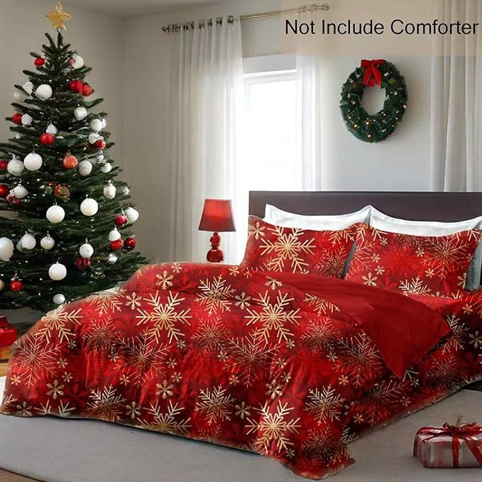 Nanko Merry Christmas Queen Size Duvet Cover, Red and Gold Snowflake Pattern Print, Microfiber Comforter Cover Set with Zip, New Year Modern Bedding Sets for Women Men Teen, 3Pcs 90x90 inch