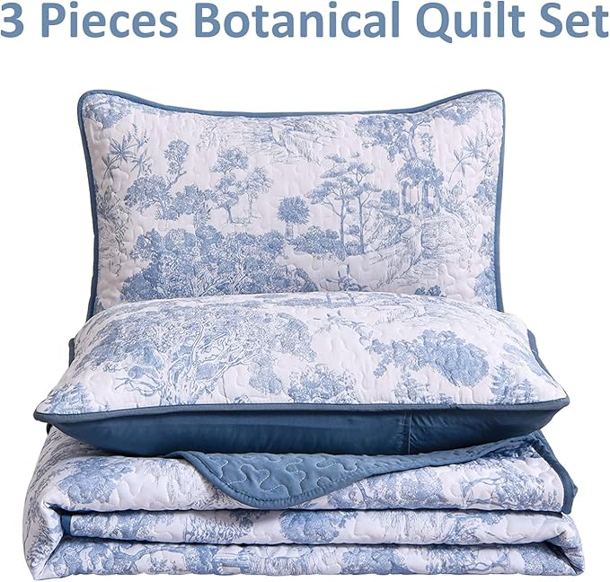 WONGS BEDDING Botanical Quilt Set California King Size, 3 Pieces Blue Toile Floral Plants Printed Bedspread Bedding Set Soft Lightweight Microfiber Coverlet Set for All Season (112"×96")