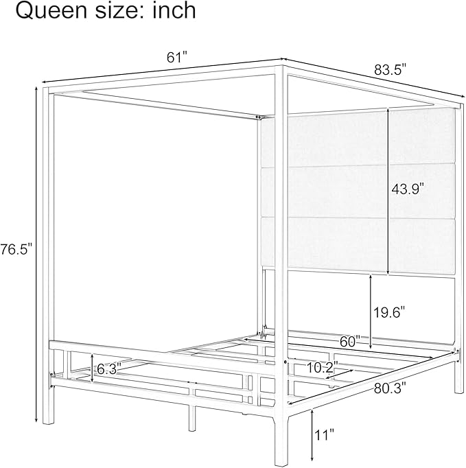 Merax Queen Size Modern Canopy Bed Frame, with Tall Linen Fabric Upholstered Headboard Metal 4-Poster, Box Spring Needed, Black + White
