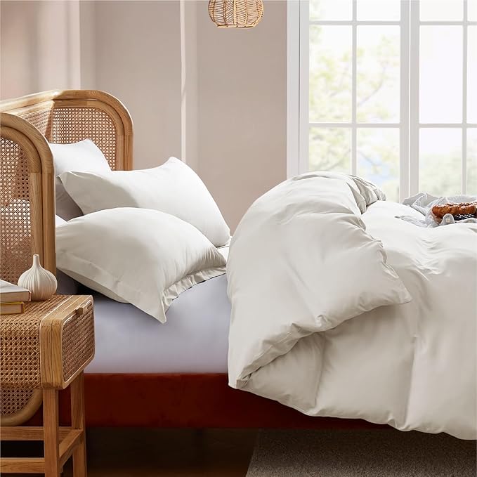 Nestl Queen Duvet Cover Set with Comforter Insert - Off White 4 Piece 90x90 Duvet Cover & 2 Pillow Shams with White Quilted Down Alternative Comforter, Ultra Soft, All Season