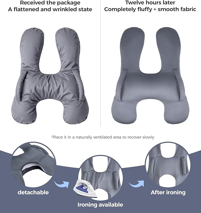 BEBAS U-Shaped Kids Travel Pillow for Car Travel Accessories for Children Adults - Soft Breathable Supports Neck Head for Sleeping - Adjustable Strap for Airplane Long Road Trip (Grey, H-Shape)