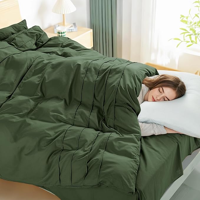 NEXHOME PRO 100% Washed Cotton Duvet Cover Twin,Linen Like Pleated Textured Olive Green Duvet Cover Set,2pc Organic Bedding Set with Zipper Closure,Soft,Lightweight Breathable(68"x90",No Comforter)