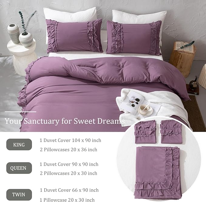 Bedorm Queen Duvet Cover Set Purple Ruffle Bedding Set Pleat Ruffled Shabby Chic Comforter Cover Extra Soft & Easy Care Farmhouse Boho Duvet Cover with Zipper Closure