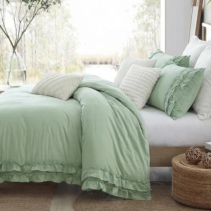 Bedorm Sage Green Ruffled Duvet Cover Twin Size Bedding Set Pleated Lace Ruffle Shabby Chic Bedroom Decor Extra Soft Cozy Farmhouse Country Style Duvet Cover Sets