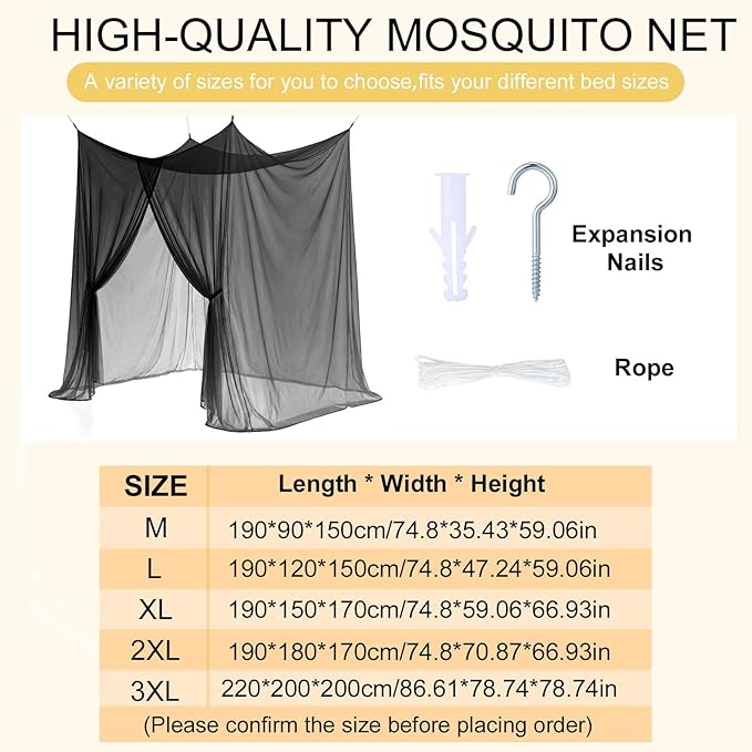 Frienda Bed Mosquito Net Mosquiteros Cameros para Cuba Rectangular Canopy Drapes with Hook Nylon Rope for Single Twin Full Queen King Size Bed Camping Outdoor Travel(Black,Twin)