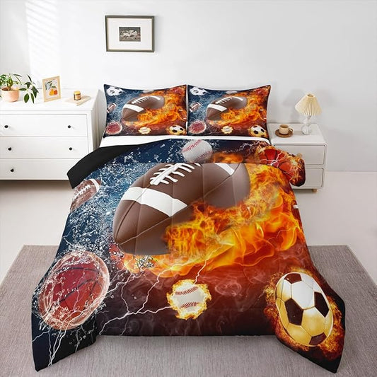 Erosebridal Football Comforter Set Queen Rugby Sports Bedding Set for Teen Boys Kids,Soccer Basketball Baseball Comforter Red Blue Water Fire Lightning Quilt Duvet Insert Bedroom Decor 2 Pillow Cases