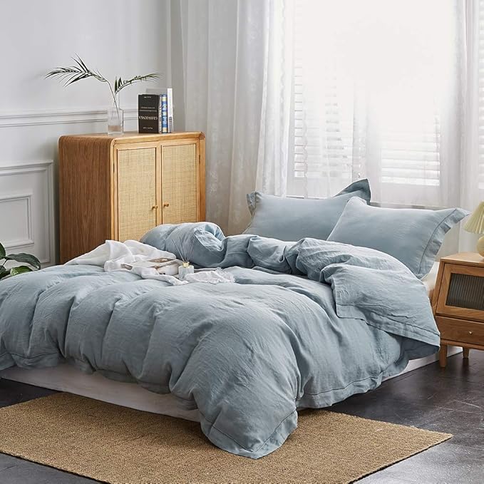 Simple&Opulence 100% Washed Linen Duvet Cover with Embroidered,3 Pieces Soft Farmhouse Comforter Set with Button Closure,1 Duvet Cover and 2 Pillowshams(Queen,Dusty Blue)