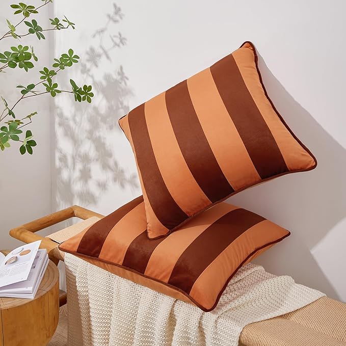 MONDAY MOOSE Decorative Throw Pillow Covers Cushion Cases, Set of 2 Soft Velvet Striped Piping Edge Designs, Pillow Inserts Not Included (20x20 inch, Rust/Coral)