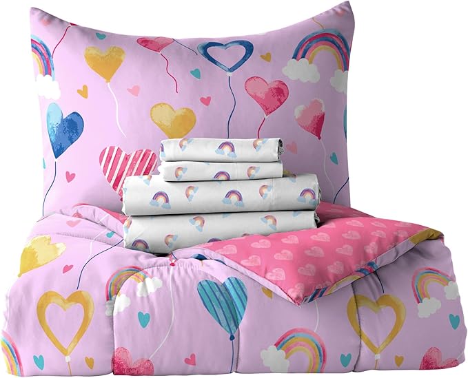 Dream Factory Kids 7-Piece Complete Bed Set Easy-Wash Super Soft Microfiber Comforter Bedding, Full, Lilac Balloon Hearts