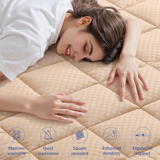 OLANLY Twin Quilted Fitted Mattress Pad, Elastic Fitted Mattress Topper, Cooling Soft Mattress Cover Stretches up to 21 Inches Deep, Machine Washable Mattress Protector (39x75 inch, Beige)