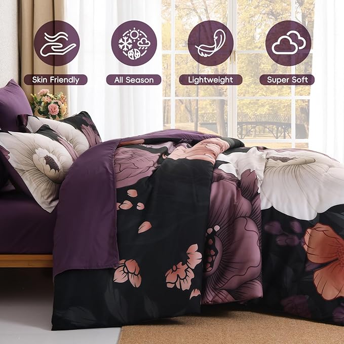 Xruibed Black Purple Floral Comforter Set Queen Size 7 Pieces Bed in a Bag Flower Bedding Sets Lightweight Boho Bed Set with Sheet,Pillowcases&Shams for All Season