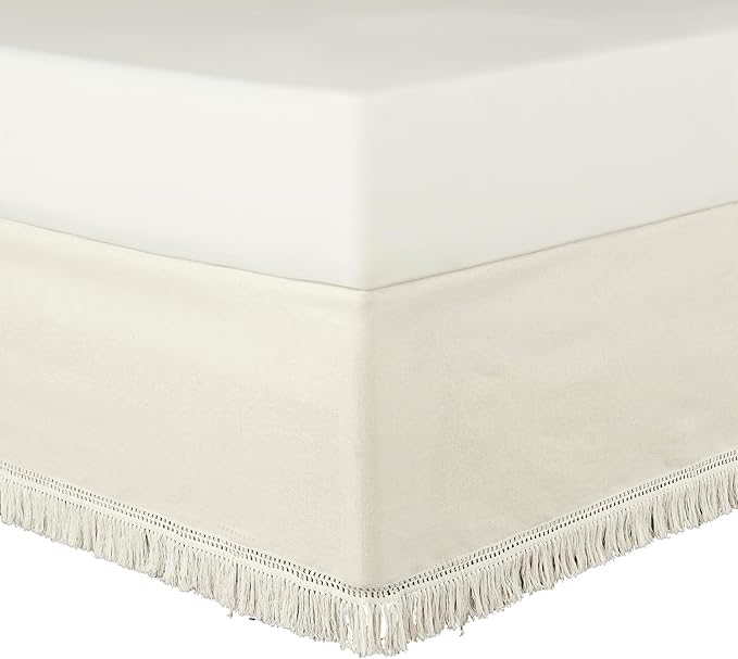 Lush Decor Boho Fringe 15-Inch Tailored Drop Easy Fit Bed Skirt King Size Single 78" W x 80" L +15" White - King Bed Skirt - Wrap Around Bed Skirt