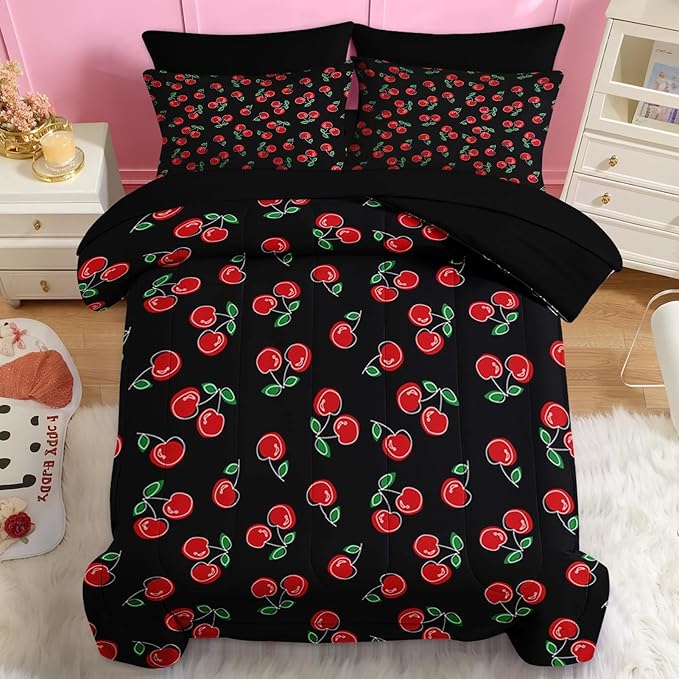 Nesker 5 Pcs Comforter Set Twin Size, Retro Red Black Bedding for Kids Teen, Cherry Fruit Bed Sheet with Pillowcase & Sham