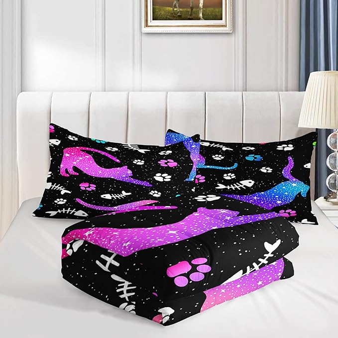 Cute Cat Comforter Kids Bedding Set Full,3Pcs Soft Paw Fish Bone Print Quilt Set Bed in A Bag with 1 Comforter 2 Pillowcases for Kids Boys Girls Teens Adults Room Decor All Season Gradient Blue