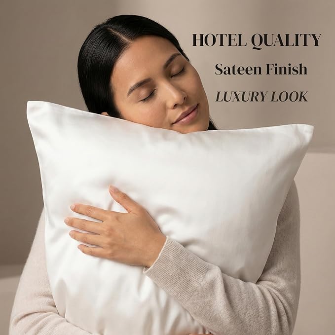 Beckham Hotel Collection 100% Cotton Pillow Cases King Size Set of 2, 500TC, Luxury Sateen Pillowcases, Open End, Breathable, Moisture-Wicking, White