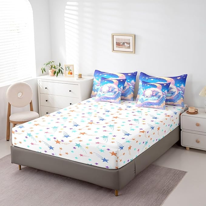 Feelyou Kids Cute Axolotl Bed in A Bag Queen Size, Galaxy 7 Pieces Bedding Set Boys Girls Cartoon Salamander Comforter Set with Sheets Kawaii Animal Teens Bed Set Bedroom Decor 7Pcs