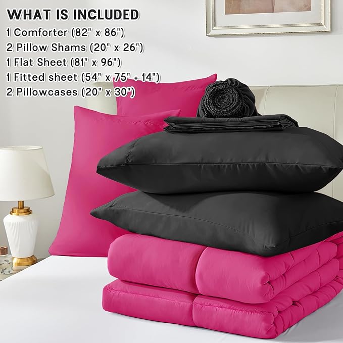 Anluoer Full Comforter Set,Hot Pink&Black Bed in a Bag 7 Piece,Lightweight Bedding Set with Soft Down Alternative Fill,Bed Set Includes Comforter, Fitted Sheet, Flat Sheet,Pillowcases and Shams