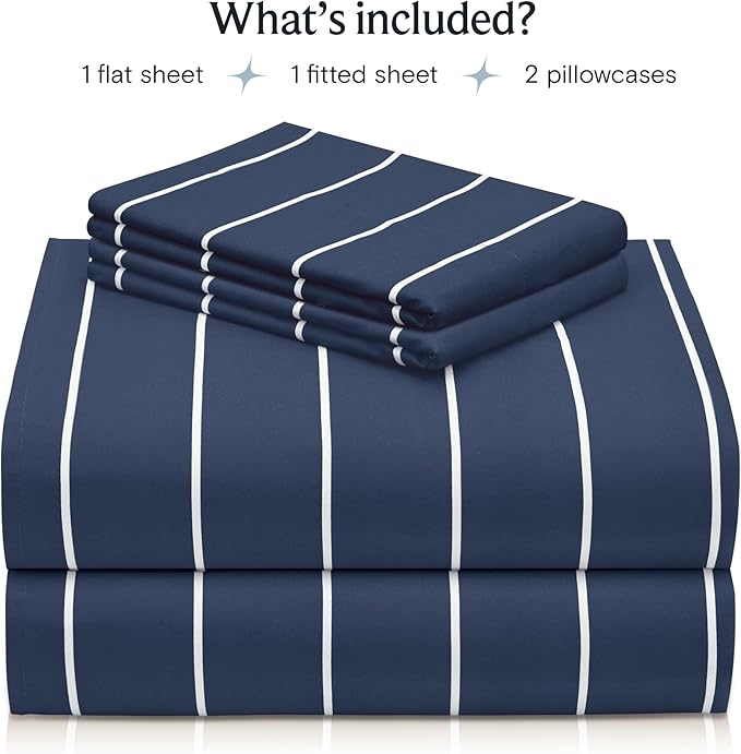 LuxClub 4 PC King Size Sheet Set, Breathable Luxury Bed Sheets, Deep Pockets 18" Wrinkle Free Cooling Machine Washable Hotel Bedding (Striped Navy)