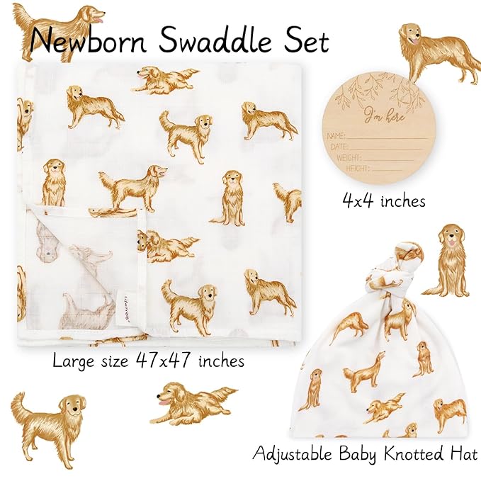 LifeTree Muslin Swaddle Blankets, Muslin Baby Boy Swaddle Blanket and Hat Set with Birth Announcement Card, Newborn Unisex Neutral Receiving Blankets Golden Retriever Pattern