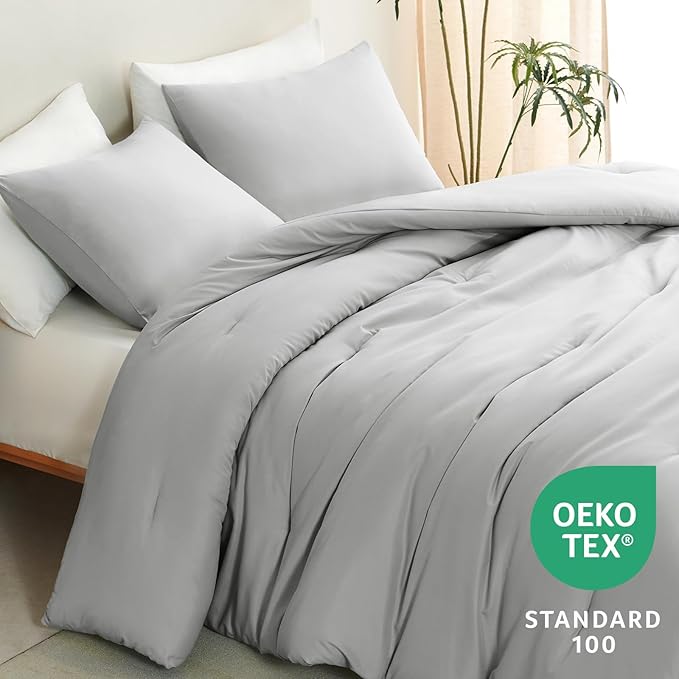 CozyLux Light Grey King Size Comforter Set, 3 Pieces Light Gray Solid Breathable Quilted Bedding Sets, Luxury Fluffy Soft Bed Set with Down Alternative Comforter and 2 Pillowcases for All Season