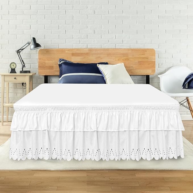 Queen Bed Skirt, Double-Layered Ruffled Eyelet Bed Skirt, Wrap-Around Elastic Dust Ruffle Queen Size with Gathered Styling and Embroidered Details, 18" Drop Length (White)