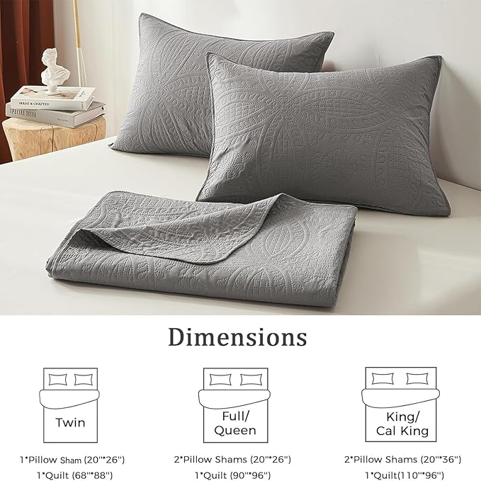 akkialla Queen Quilt Bedding Set,Grey Ultrasonic Full/Queen Quilt Set,Lightweight Soft Bedspread Coverlet,Modern Style Coin Pattern Bed Cover for All Seasons,3 Piece(1 Quilt,2 Pillow Shams)
