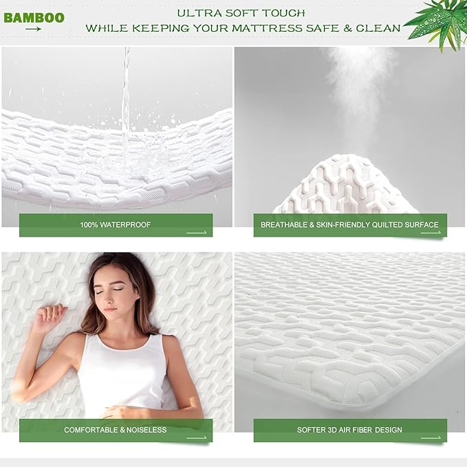 GRT Full Size Waterproof Mattress Protector Rayon Bamboo - 3D Air Fiber Cooling Mattress Protector Cover, Breathable Mattress Pad Noiseless 8''-21'' Deep Pocket Machine Washable