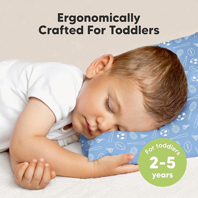 KeaBabies 2-Pack Toddler Pillows 2 Year Old to 5-13x18 Soft Organic Cotton Kids Pillow for Sleeping, Travel, School, Daycare, Nap, Toddler Bed, Machine Washable, Without Pillowcase (Sports)