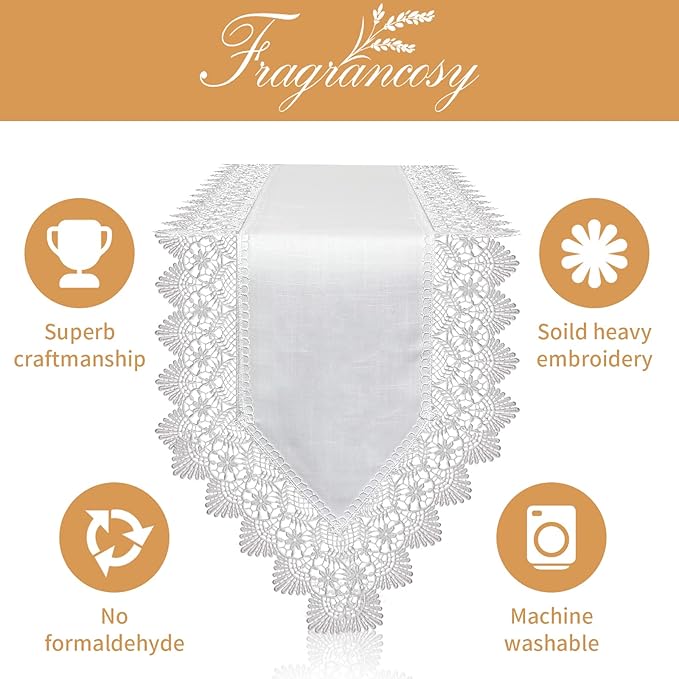 Elegant Vintage White Table Runner 72 inches Long with Exquisite Macrame and Embroidered Floral Pattern Perfect as a Dresser Scarf (14X72'')