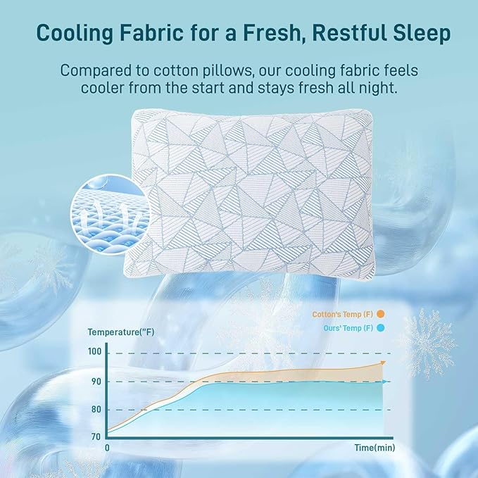 Shredded Memory Foam Cooling Soft Bamboo Viscose Pillow Adjustable Hypoallergenic Hotel Quality Pillow for Stomach, Back or Side Sleeper, Oeko-TEX Certified Queen Size