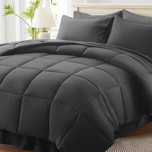 Anluoer King Size Bed in a Bag 7 Pieces, Dark Grey Bed Comforter Set with Sheets, All Season Bedding Sets with 1 Comforter,2 Pillow Shams,2 Pillowcases, 1 Flat Sheet, 1 Fitted Sheet