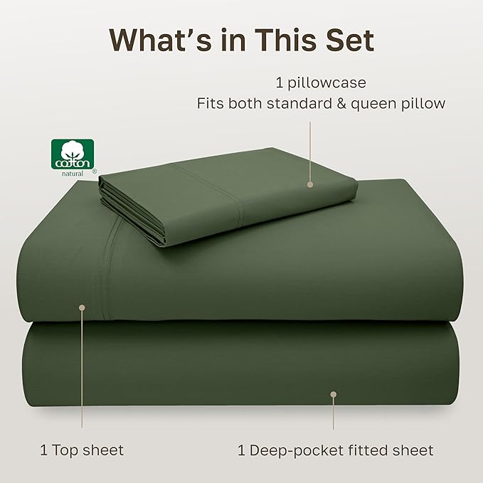 California Design Den Twin XL Bed Sheets Set - Luxury 600 Thread Count 100% Cotton Sheets Sateen, Cooling Deep Pocket Extra Long Twin Sheets Cotton Set, Soft Hotel-Quality Bedding - Dark Olive Green