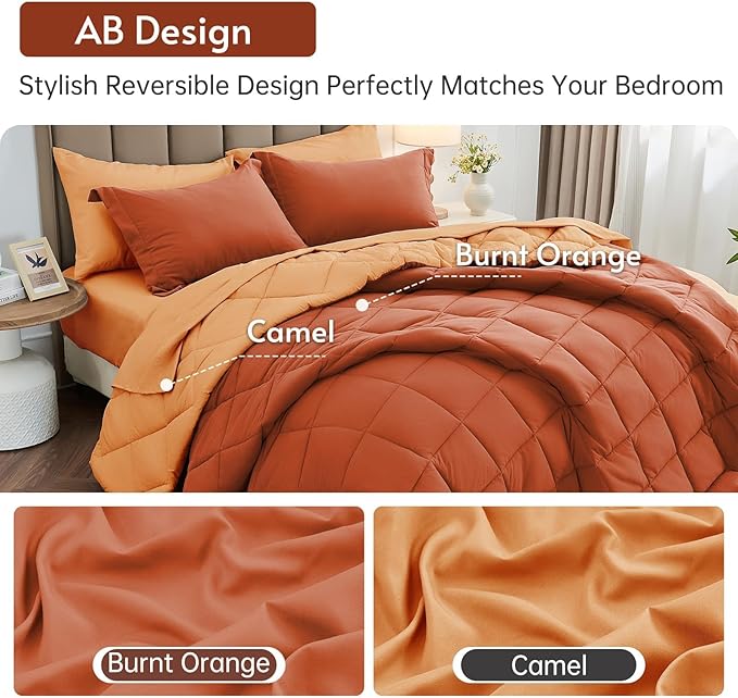 MUXHOMO 7 Pieces Queen Comforter Set, Reversible Bed in a Bag Queen Size, All Season Bedding Set with Comforter, Flat Sheet, Fitted Sheet, Pillowcases & Shams, Burnt Orange & Camel