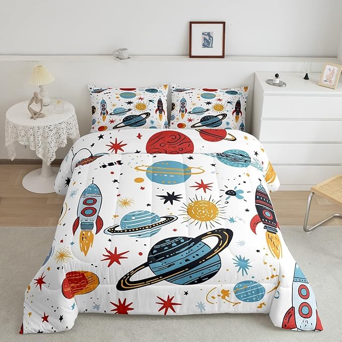 Erosebridal Outer Space Bedding Set King Size Kids Boys Space Ship Rocket Comforter Set Cartoon Universe Stars Planet Down Comforter Cosmos Meteorite Quilt Duvet Set with 2 Pillow Cases