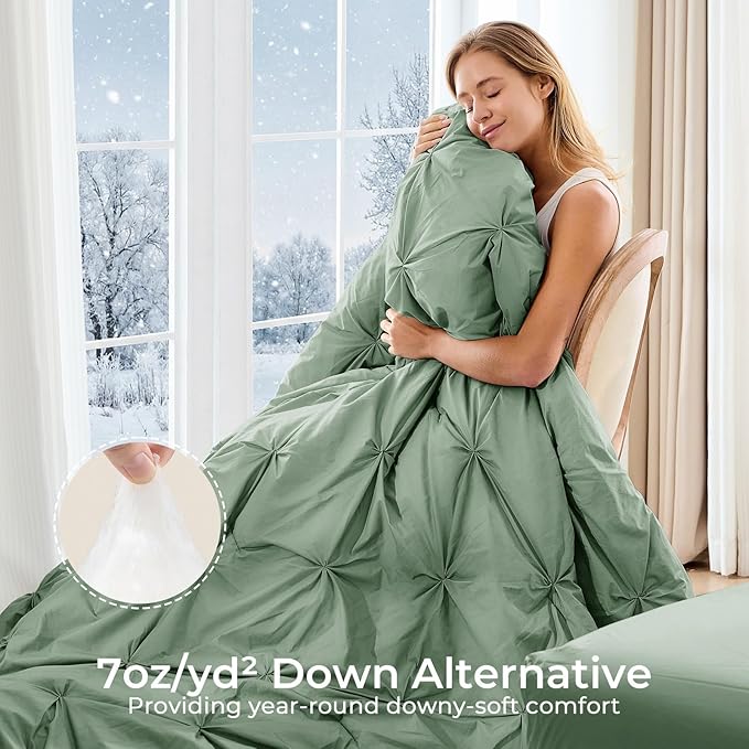 Sasttie Full Size Comforter Set, 7-Piece Bed in a Bag Double, Pintuck Bedding Set for All Season, Includes Comforter, Flat Sheet, Fitted Sheet, Pillowcases and Pillowshams, Sage Green