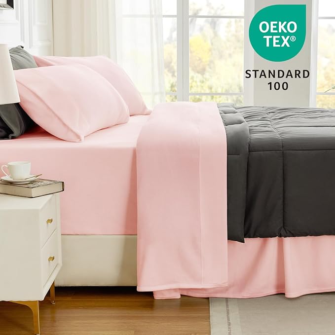 Love's cabin Fleece King Sheet Set - 4 Pcs Pink Super Soft Plush Polar Fleece Bed Sheets with 16" Deep Pocket,Cozy Warmth for Cold Season(1 Flat Sheet,1 Fitted Sheet,2 Pillow Cases)