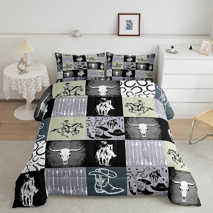 Western Cowboy Comforter Set Kids Teens Vintage Farmhouse Bedding Set Teal Green Western 3D Geometric Quilt Set Bedroom Decoration King Size 1 Comforter Set 2 Pillowcases