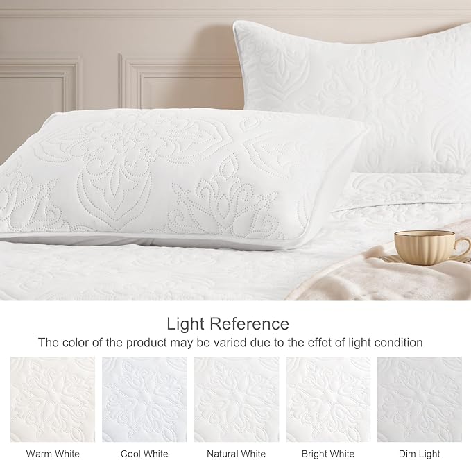 Whale Flotilla Soft Twin Quilt Bedding Set for All Seasons, Elegant Vintage Damask Ultrasonic Quilts Set, Lightweight Reversible Bedspread, Coverlet, Bed Cover with 1 Pillow Sham, White