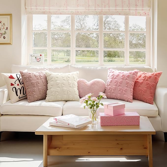 MIULEE Blush Pink Bow Pillow Covers Coquette Room Decor Aesthetic Set of 2 Decorative Cute Girl Vlentine Pillow Covers Spring Soft Plush Faux Pillowcase for Preppy Room Decor Bedroom Couch,20x20 Inch
