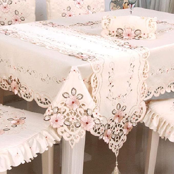 LeLehome 15 X 96 Inch Flowers Embroidered Table Runner, Floral Lace Fabric Table Top for Party Fall Seasonal Autumn Thanksgiving Harvest Home Decoration - Beige Flower