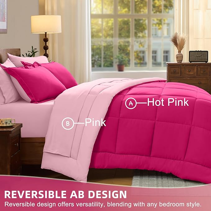 FUANNA California King Comforter Set 7 Pieces, Reversible Bedding Sets with All Season Soft Comforter, Bed in a Bag with Comforter, Flat Sheet, Fitted Sheet, Pillowcases & Shams, Hot Pink & Pink