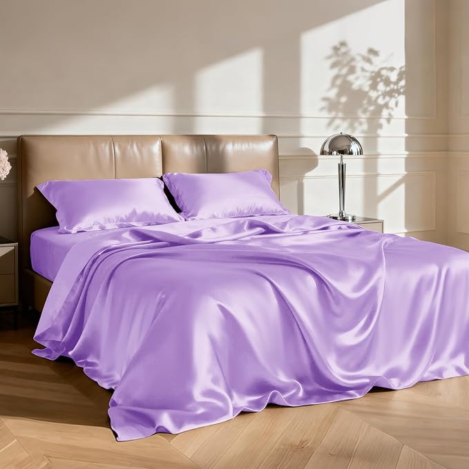 Love's cabin 4Piece California King Satin Bed Linen Set, Lavender Silky Satin Sheets, Deep Pocket, Luxury Silk Feel, 1 Flat, 1 Fitted Sheet, 2 Pillow Cases