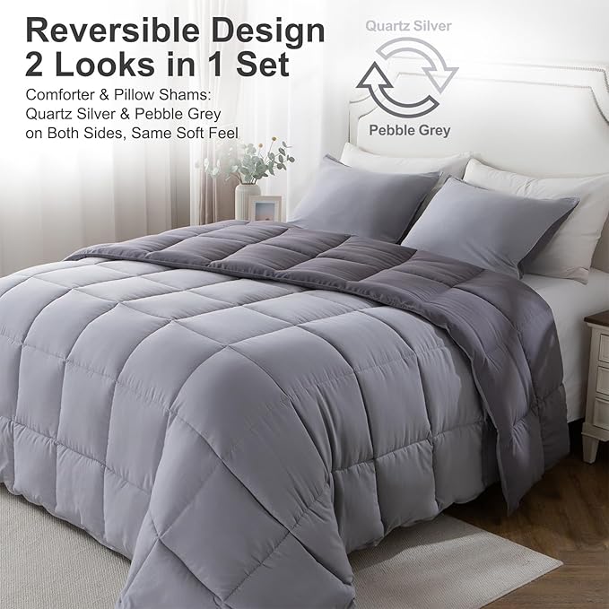 KASENTEX California King Comforter Set – Reversible Dual Color – Goose Down Alternative – Ultra-Soft, Lightweight, Machine Washable, Maintain Fluffiness, All Season Warmth (Quartz Silver/Pebble Grey)