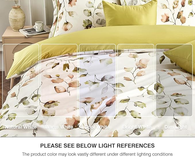 King Size Duvet Cover Set with Button Closure -Light Green and Yellow Botanical Luxury Bedding for a Comfortable Sleeping