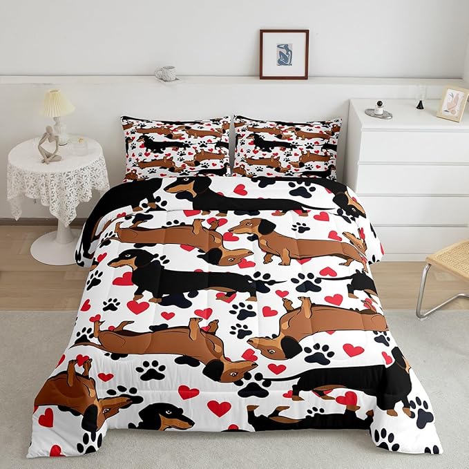 Dachshund Bedding Set for Girls Boys Kids Sausage Dog Comforter Lovely Red Love Hearts Animal Paw Pattern Comforter Set Room Decor Cute Pet Dog Duvet Set Queen Size Bedspreads Coverlet Sets 3Pcs