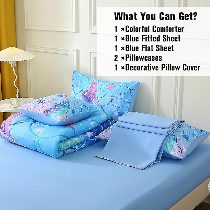 JQinHome Mermaid Comforter Set Queen Size, 6 Piece Mermaid Tail Bed in A Bag,3D Colorful Mermaid Bedding Set for Girls Kids, Sparkle Teal Bedroom Decor Bedding Set with Sheets (Blue)